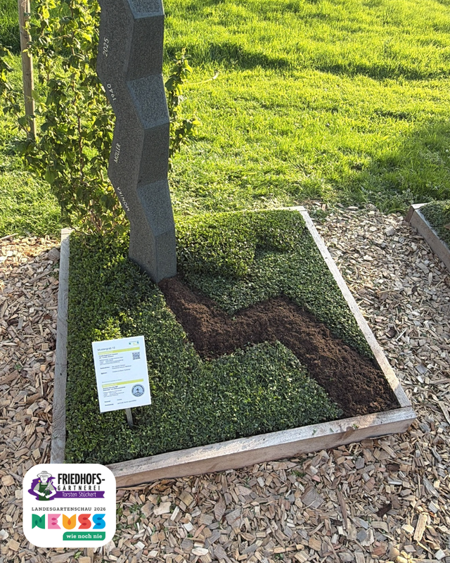 Mini-Gartenbeet mit frisch gepflanzter Rasenfläche und Pflanzkarte im Freilichtmuseum.